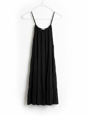 Women’s Black Tiered Midi Slip Dress with Spaghetti Straps